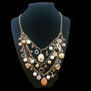 Charming Charlie Goldtone Hearts, Lockets & Love  Charms Bib Necklace